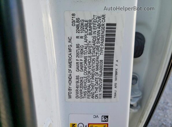 1HGCV3F16JA000338 2018 HONDA ACCORD Белый Вид подкапотного пространства