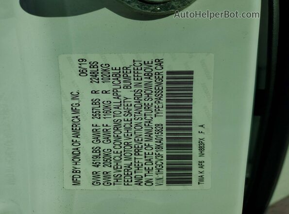 1HGCV3F18KA015828 2019 HONDA ACCORD White ძრავის განყოფილების ხედი
