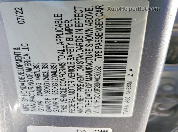 1HGCV3F26NA030082 2022 HONDA ACCORD Gray Вид наклейки з VIN-кодом