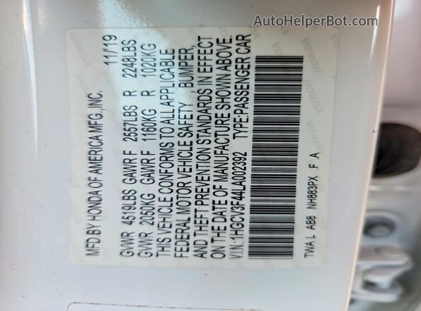 1HGCV3F44LA002392 2020 HONDA ACCORD White VIN კოდის სტიკერის ხედი
