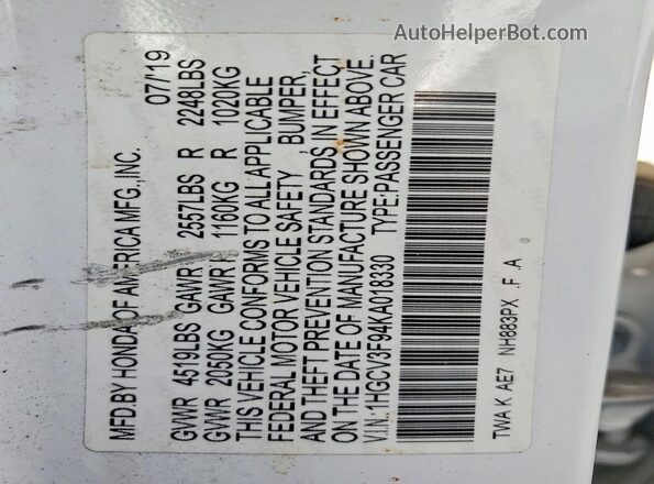 1HGCV3F94KA018330 2019 HONDA ACCORD White Вид наклейки з VIN-кодом