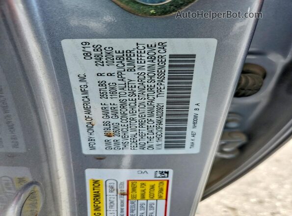 1HGCV3F94KA020921 2019 HONDA ACCORD Silver VIN კოდის სტიკერის ხედი