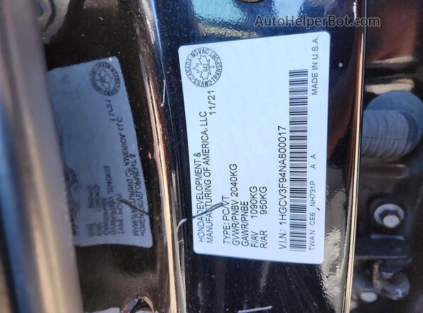 1HGCV3F94NA800017 2022 HONDA ACCORD Черный Вид подкапотного пространства