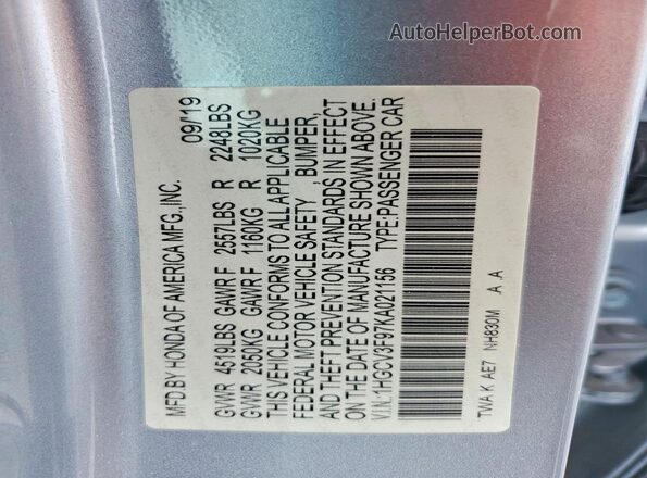 1HGCV3F97KA021156 2019 HONDA ACCORD Silver Vista del compartimento del motor