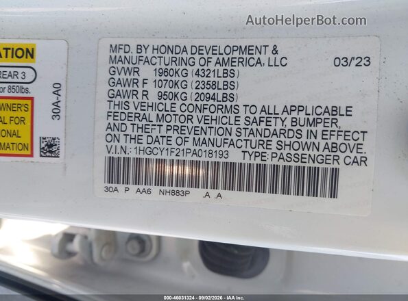 1HGCY1F21PA018193 2023 HONDA ACCORD White Engine compartment view