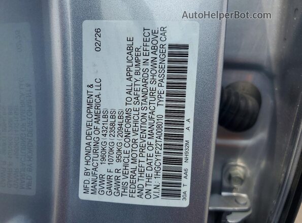 1HGCY1F22TA008010 2026 HONDA ACCORD Серебряный Вид наклейки с VIN-кодом
