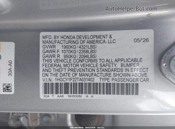 1HGCY1F22TA031402 2026 HONDA ACCORD Silver Vista del compartimento del motor