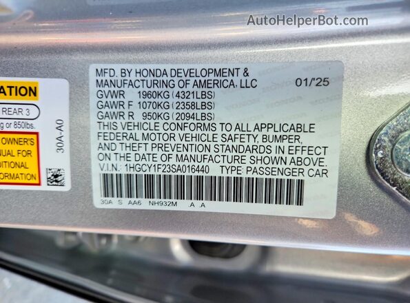1HGCY1F23SA016440 2025 HONDA ACCORD Silver VIN sticker view