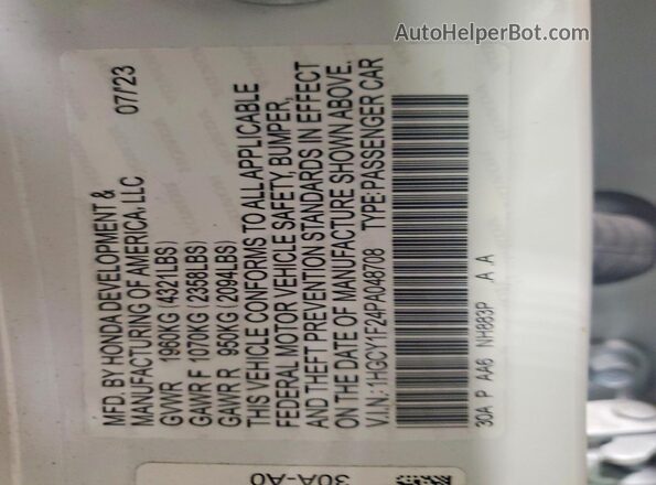 1HGCY1F24PA048708 2023 HONDA ACCORD White Vista de la etiqueta del VIN