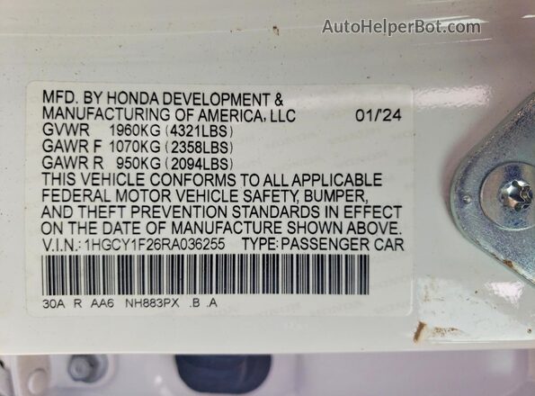 1HGCY1F26RA036255 2024 HONDA ACCORD White Вид підкапотного простору
