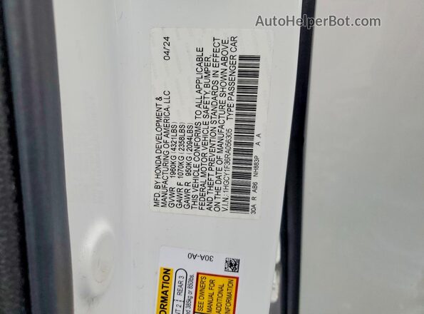 1HGCY1F36RA056305 2024 HONDA ACCORD White Vista de la etiqueta del VIN