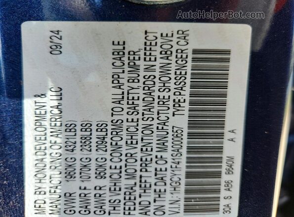 1HGCY1F41SA000657 2025 HONDA ACCORD Blue Vista del compartimento del motor