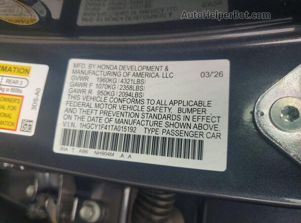 1HGCY1F41TA015192 2026 HONDA ACCORD Серый Вид наклейки с VIN-кодом