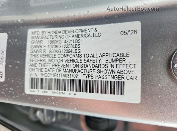 1HGCY1F41TA031702 2026 HONDA ACCORD Silver Вид наклейки з VIN-кодом