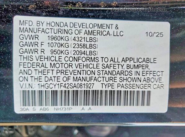 1HGCY1F42SA081927 2025 HONDA ACCORD Черный Вид подкапотного пространства