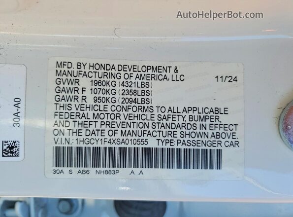 1HGCY1F4XSA010555 2025 HONDA ACCORD Белый Вид подкапотного пространства