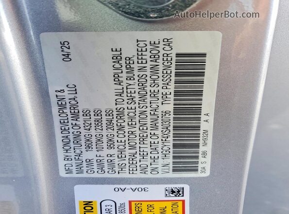 1HGCY1F4XSA030756 2025 HONDA ACCORD Silver Vista de la etiqueta del VIN