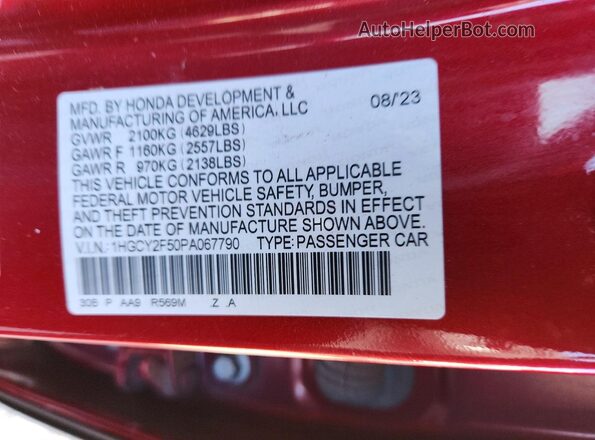 1HGCY2F50PA067790 2023 HONDA ACCORD Красный Вид наклейки с VIN-кодом
