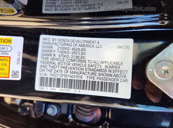 1HGCY2F56TA031516 2026 HONDA ACCORD Black ძრავის განყოფილების ხედი