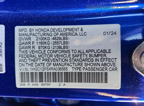 1HGCY2F5XRA036565 2024 HONDA ACCORD Blue Вид наклейки з VIN-кодом