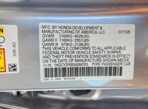 1HGCY2F68SA064783 2025 HONDA ACCORD Silver VIN կոդի պիտակի տեսք