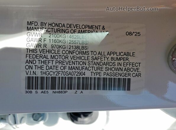 1HGCY2F70SA072904 2025 HONDA ACCORD White Շարժիչի բաժամունքի տեսք