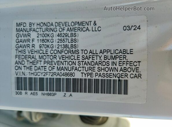 1HGCY2F72RA048680 2024 HONDA ACCORD White Vista del compartimento del motor