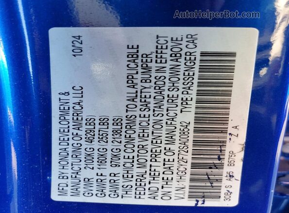 1HGCY2F72SA008542 2025 HONDA ACCORD Blue Вид підкапотного простору