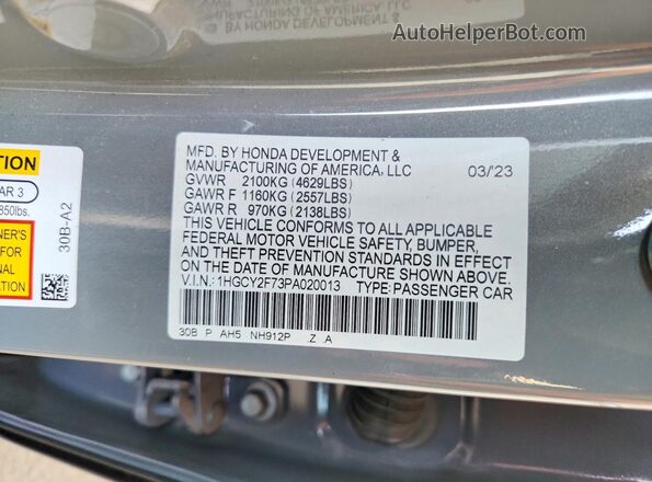 1HGCY2F73PA020013 2023 HONDA ACCORD Gray Engine compartment view