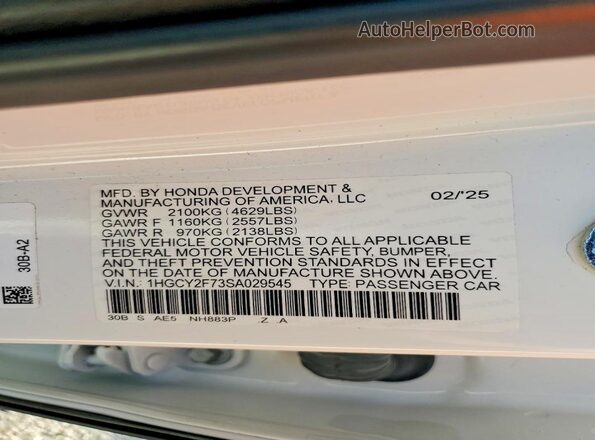 1HGCY2F73SA029545 2025 HONDA ACCORD White Engine compartment view
