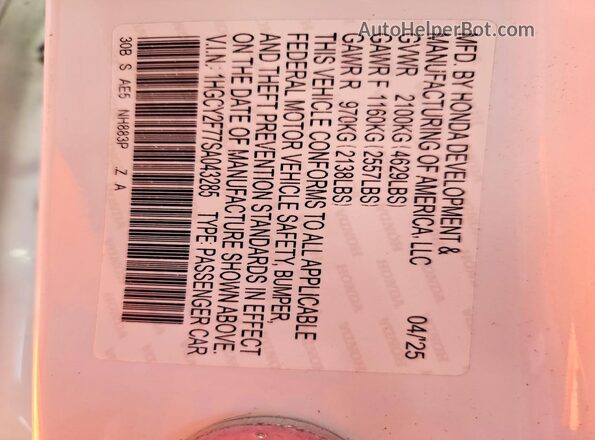 1HGCY2F77SA043285 2025 HONDA ACCORD White VIN sticker view