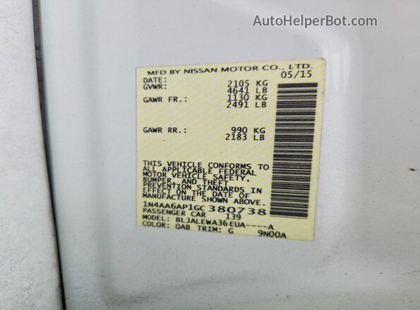 1N4AA6AP1GC380738 2016 NISSAN MAXIMA White Vista del compartimento del motor