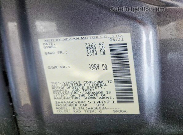 1N4AA6CV8MC514071 2021 NISSAN MAXIMA Gray Вид наклейки з VIN-кодом