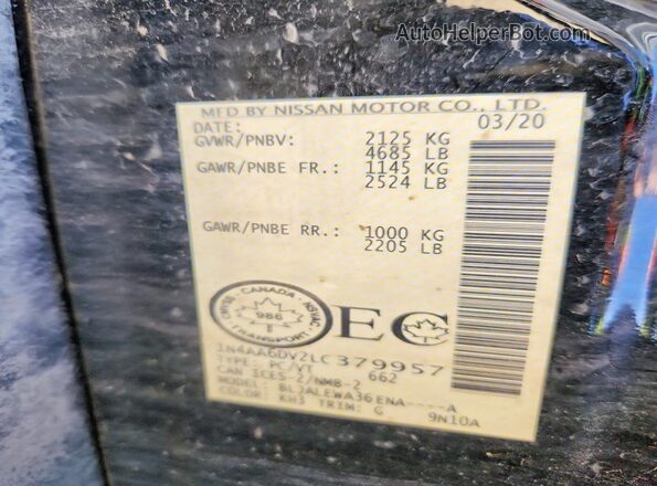 1N4AA6DV2LC379957 2020 NISSAN MAXIMA Черный Вид подкапотного пространства