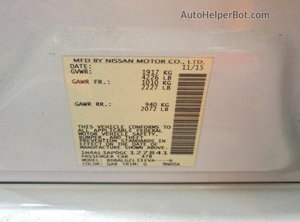 1N4AL3AP0GC127841 2016 NISSAN ALTIMA White Вид підкапотного простору