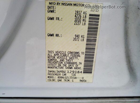 1N4AL3AP0GC129184 2016 NISSAN ALTIMA White Вид підкапотного простору