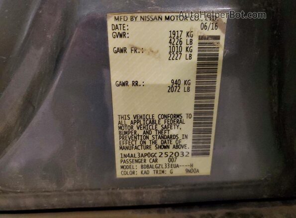 1N4AL3AP0GC252032 2016 NISSAN ALTIMA Gray Widok naklejki z numerem VIN