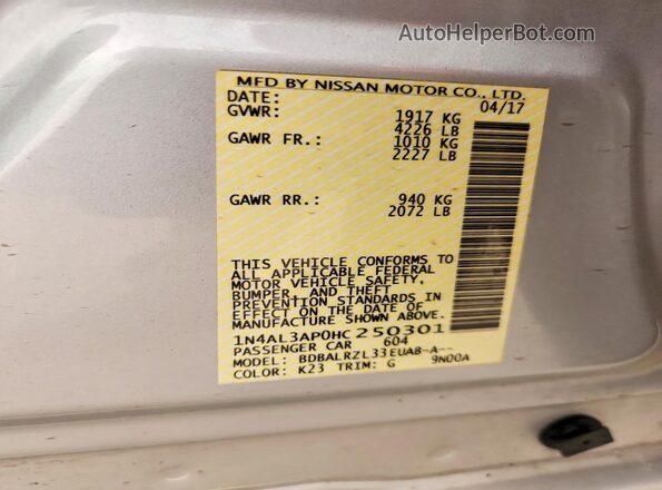 1N4AL3AP0HC250301 2017 NISSAN ALTIMA Silver Vista de la etiqueta del VIN