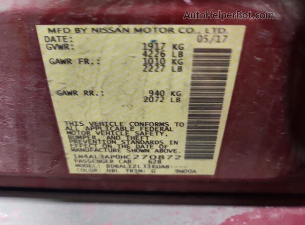 1N4AL3AP0HC270872 2017 NISSAN ALTIMA Red Вид підкапотного простору