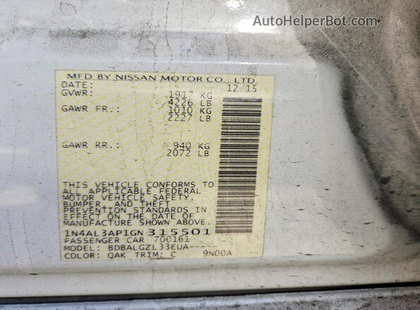 1N4AL3AP1GN315501 2016 NISSAN ALTIMA White Vista del compartimento del motor