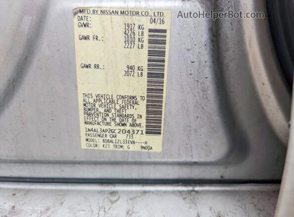 1N4AL3AP2GC204371 2016 NISSAN ALTIMA Серебряный Вид наклейки с VIN-кодом