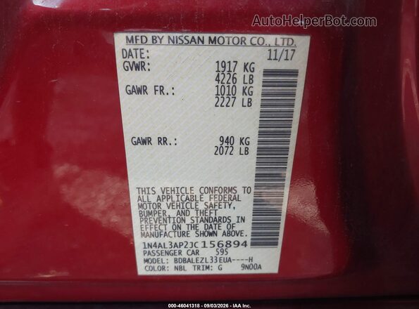 1N4AL3AP2JC156894 2018 NISSAN ALTIMA Red Вид підкапотного простору