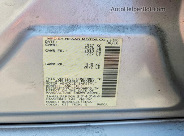 1N4AL3AP3GN374744 2016 NISSAN ALTIMA Серебряный Вид подкапотного пространства