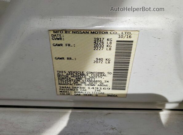 1N4AL3AP3HC149169 2017 NISSAN ALTIMA White Vista del compartimento del motor