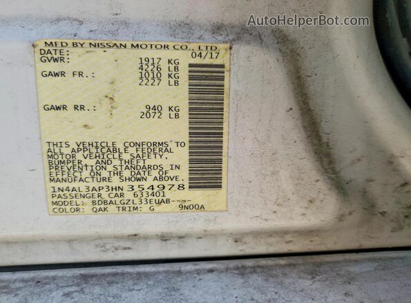 1N4AL3AP3HN354978 2017 NISSAN ALTIMA White Vista del compartimento del motor