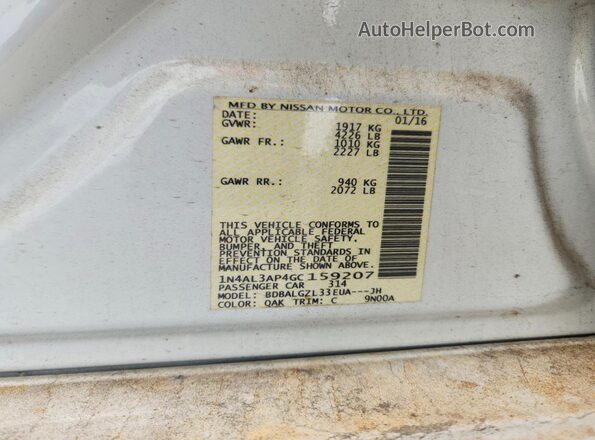 1N4AL3AP4GC159207 2016 NISSAN ALTIMA White Widok naklejki z numerem VIN