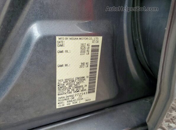 1N4AL3AP4GC272543 2016 NISSAN ALTIMA Gray Շարժիչի բաժամունքի տեսք