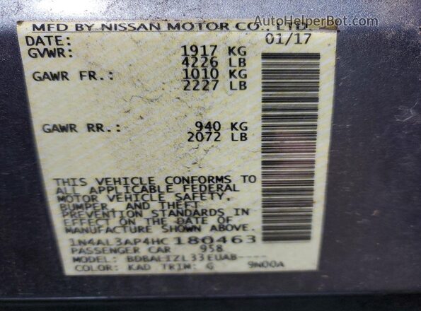 1N4AL3AP4HC180463 2017 NISSAN ALTIMA Серый Вид наклейки с VIN-кодом