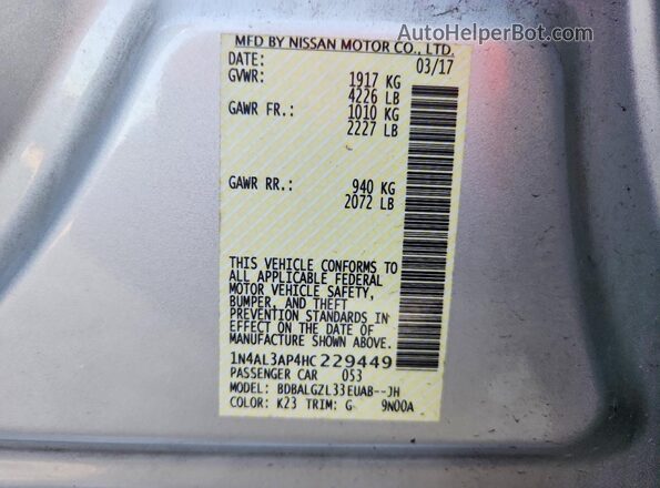 1N4AL3AP4HC229449 2017 NISSAN ALTIMA Silver Widok naklejki z numerem VIN