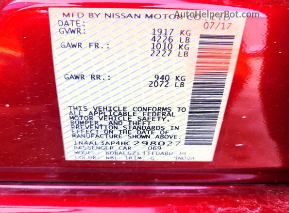 1N4AL3AP4HC298027 2017 NISSAN ALTIMA Красный Вид наклейки с VIN-кодом